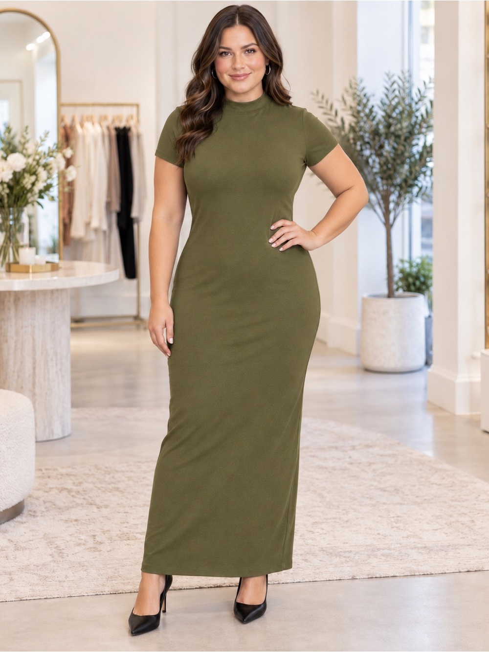 Bar III Women’s XL Olive Green Mock Neck Bodycon Cotton Spandex Maxi Dress Chic